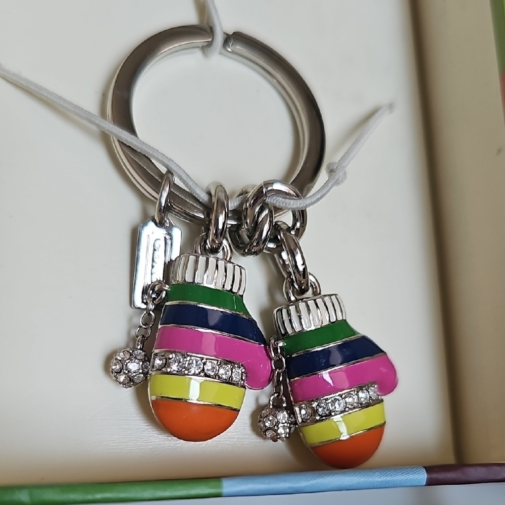 Coach NWT Mitten Bag Charm Key Chain Legacy Stripes Rhinestone In Box